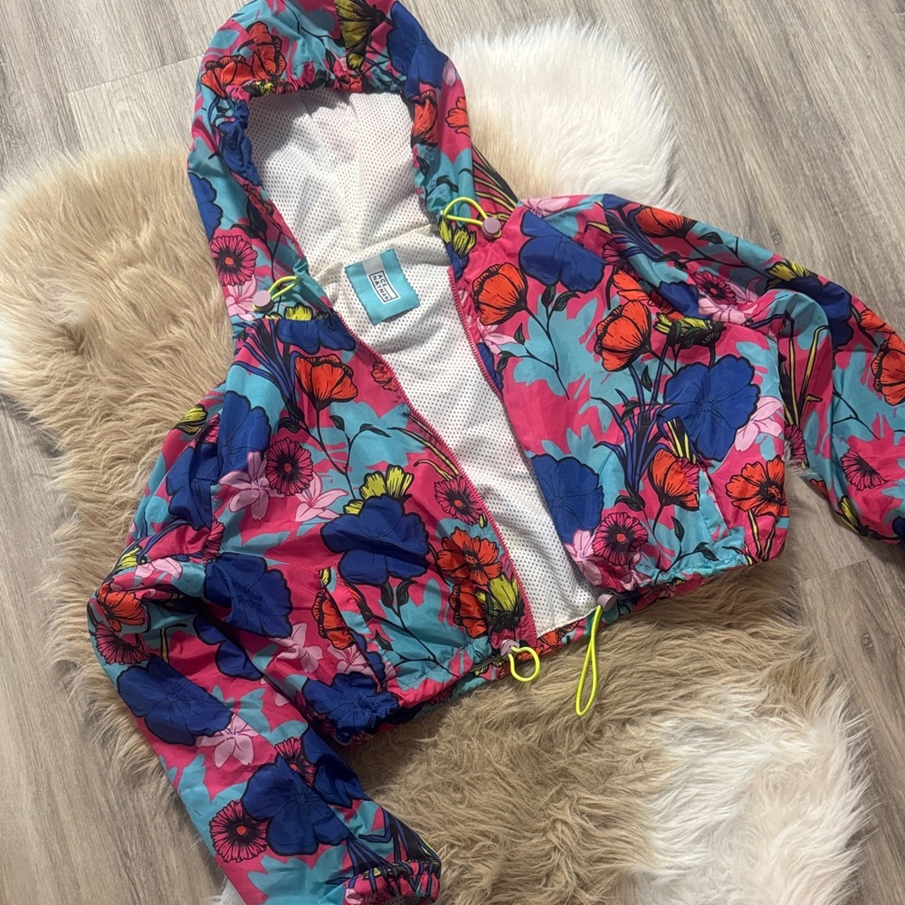 Vibrant Floral Hooded Windbreaker - Pink Blue Multi